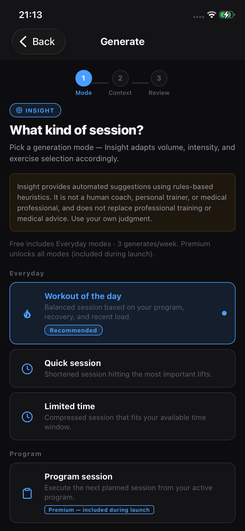 Generate screen: pick a generation mode, Insight adapts volume, intensity and exercise selection.