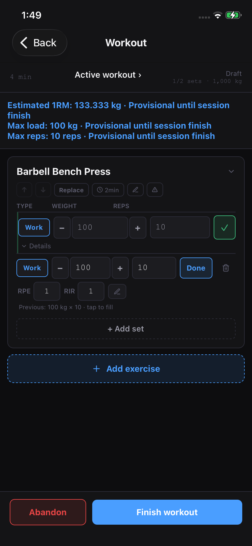 Live workout screen: Barbell Bench Press with work sets at 100 kg for 10 reps, RPE and RIR fields, and a previous-set value to tap and fill.