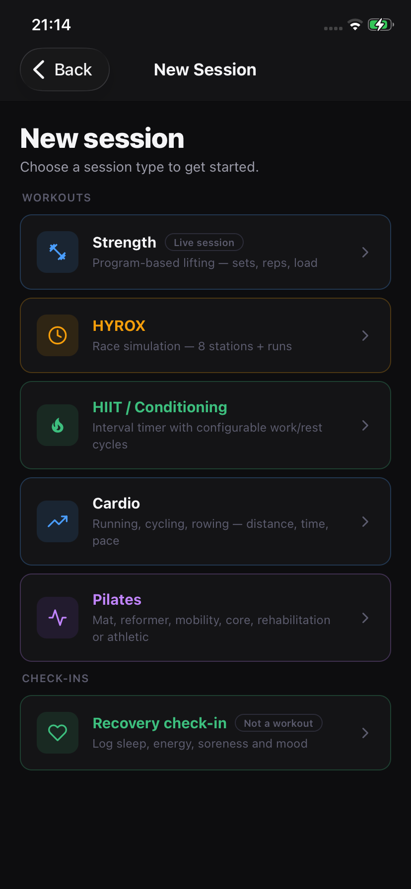 New session screen listing Strength, HYROX, HIIT/Conditioning, Cardio, Pilates and Recovery check-in.