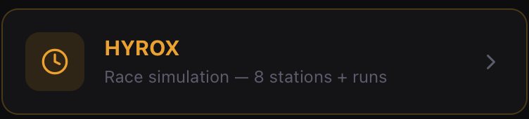 Session type list showing HYROX, race simulation with 8 stations plus runs.