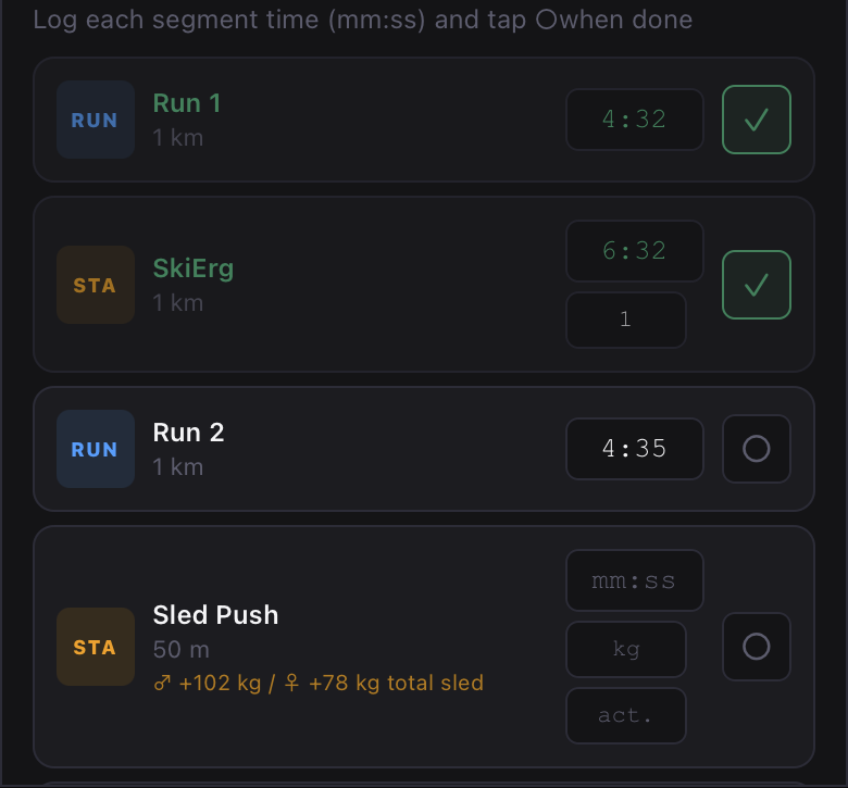 Logging a HYROX session: Run 1 one kilometre at 4:32 done, SkiErg 1 km at 6:32 done, Run 2 at 4:35, and Sled Push 50 m showing male plus 102 kg and female plus 78 kg total sled.