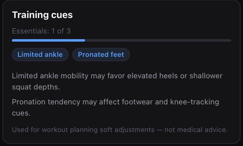 Training cues card: essentials 1 of 3, tags for limited ankle and pronated feet, with cues about elevated heels, shallower squat depths, footwear and knee tracking.